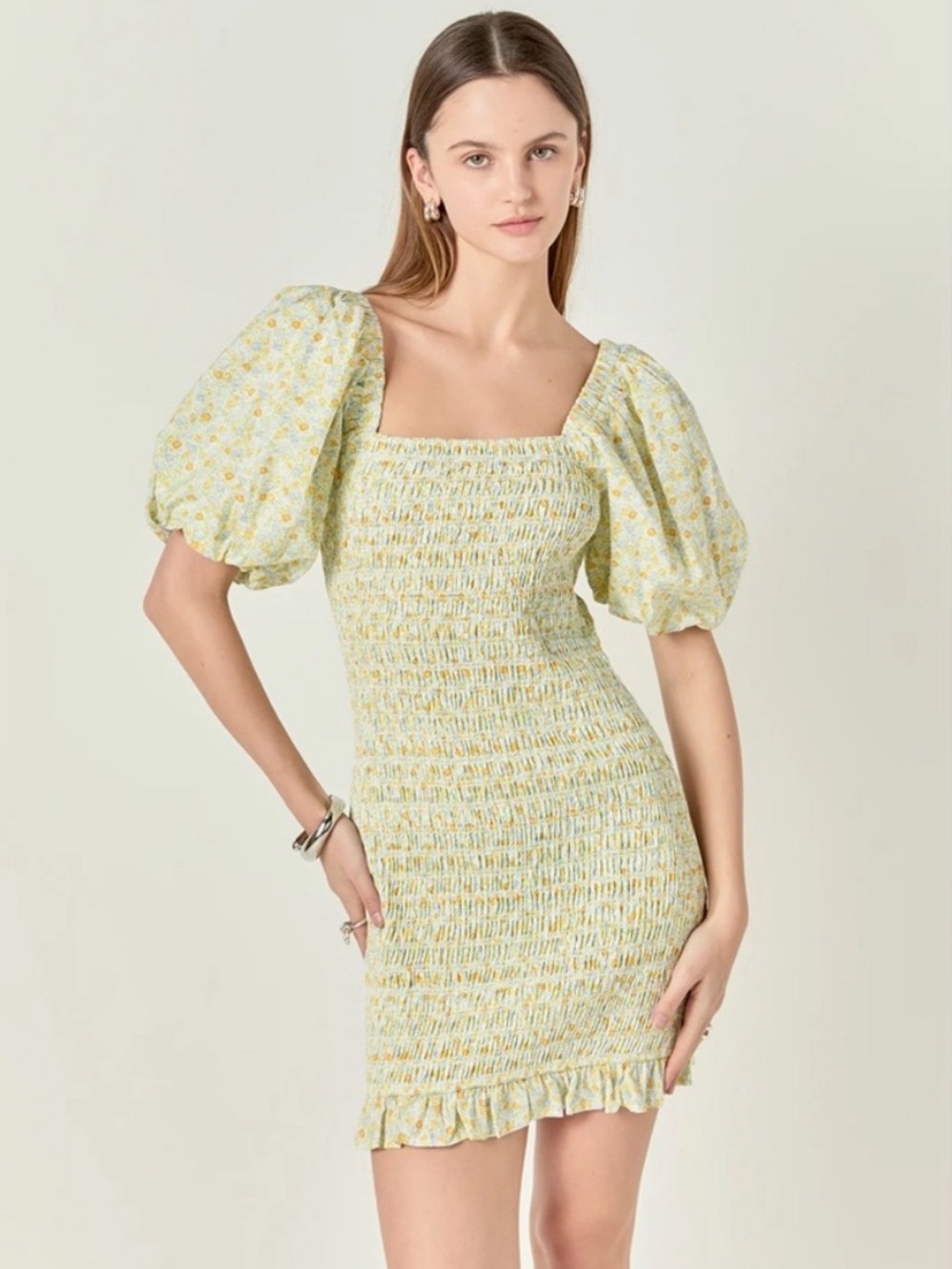 English Factory floral green and blue bodycon dress with puffer sleeves size M